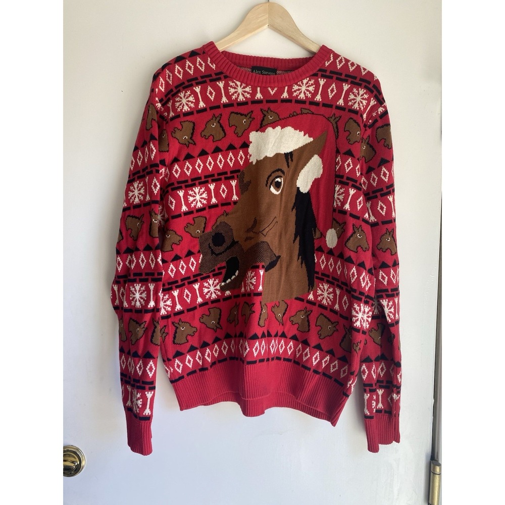 Alex Stevens Brown Horse Ugly Christmas Sweater Size Mens‎ L Red Holiday Party